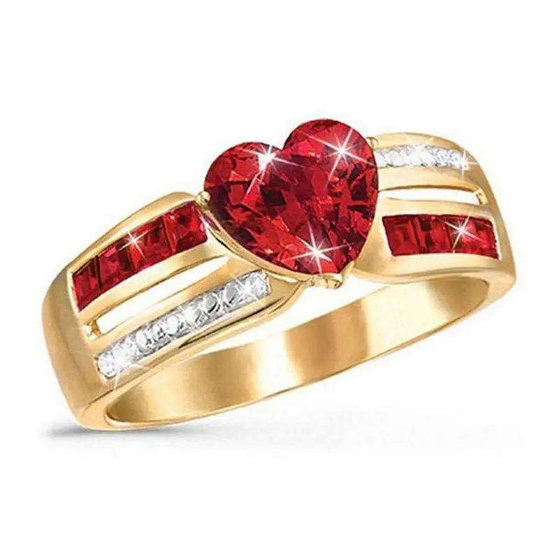 Женское кольцо в форме сердца розовое золото красный рубин Золотое циркониевое с