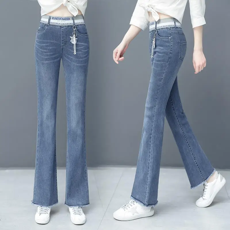

Woman Jeans Pants Women's Stretch Jeans 2021 Early Spring Elastic Waist High Waist Temperament Bell-Bottom Pants Trousers
