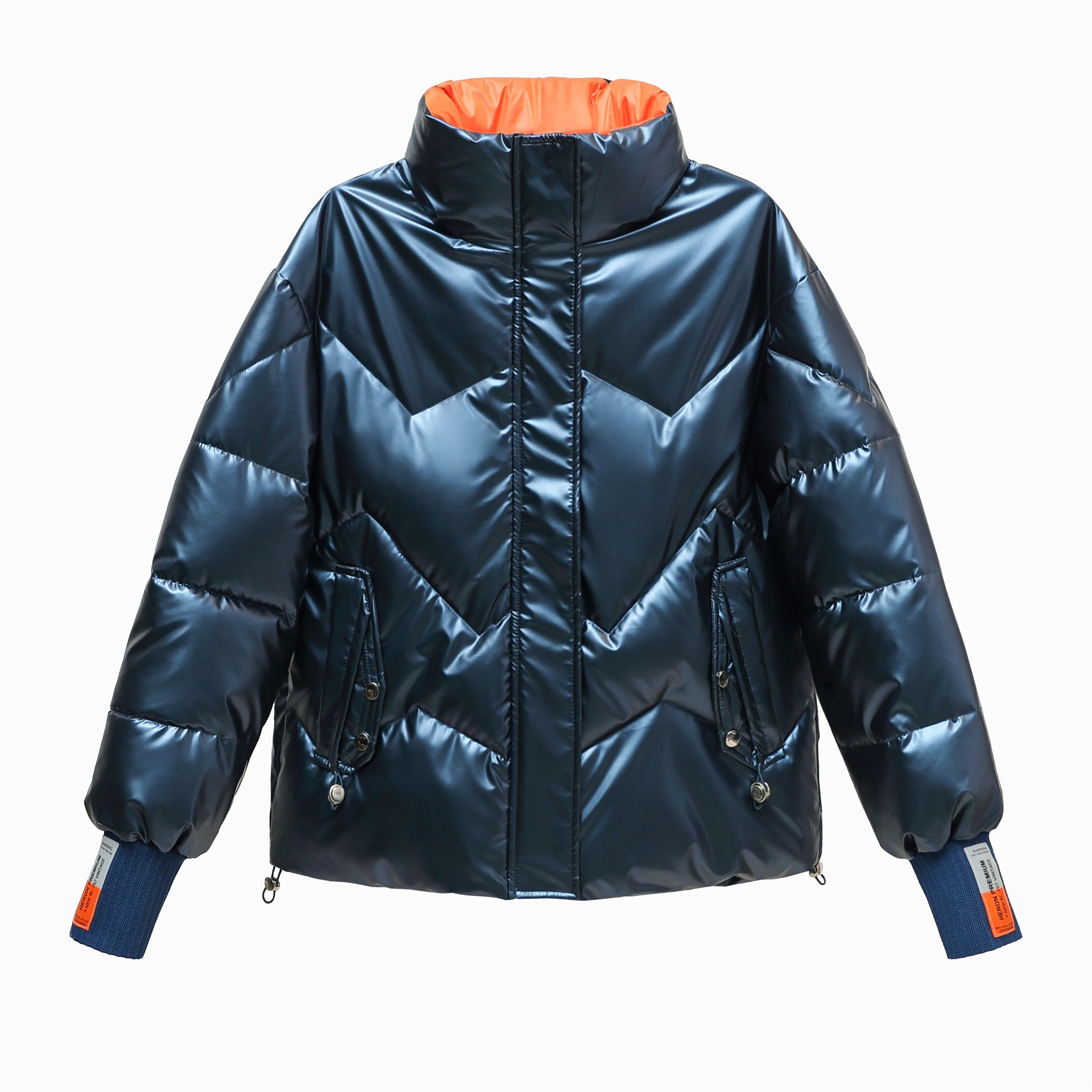 

2021 New Fashion Contrast Color Short Gloosy Parka Thick Warm Winter Jacket Women Casual Letter Stand Collar Parka Coat