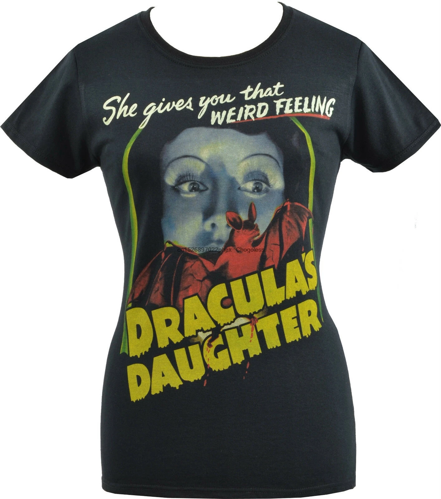 

WOMENS T-SHIRT DRACULAS DAUGHTER VINTAGE HORROR B-MOVIE VAMPIRE HALLOWEEN S-2XL