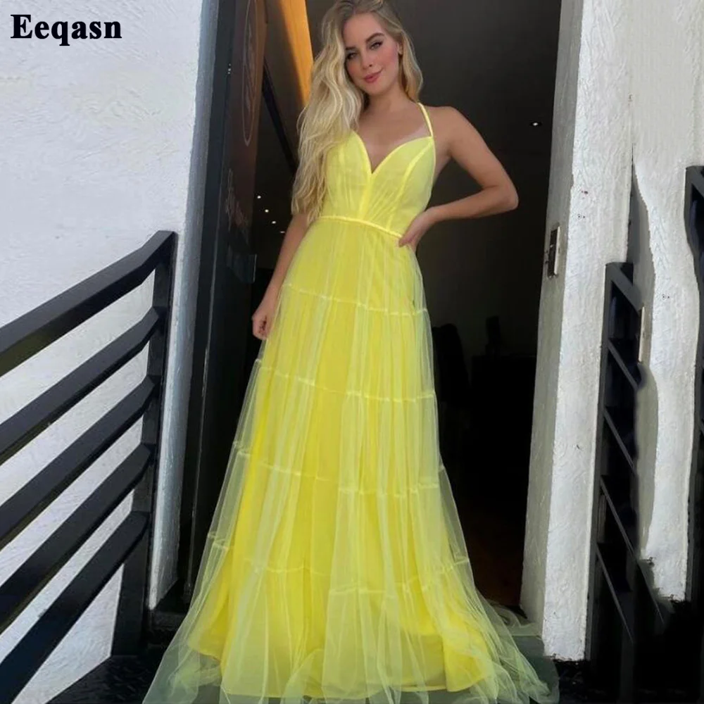 

Eeqasn Yellow Halter Soft Tulle Prom Dresses Long Evening Gowns Tiered Women Formal Event Dress Birthday Party Gown Plus Size