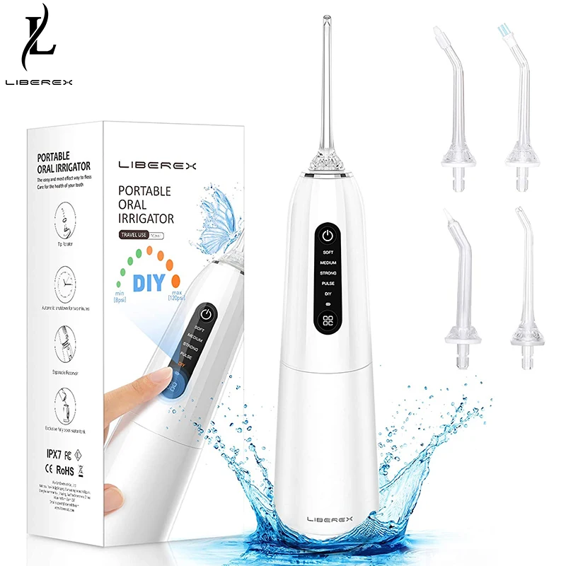 Liberex Oral irrigator Portable Water Dental Flosser 5 Modes for Cleaning Teeth IPX7 Waterproof USB Rechargeable Teeth Cleaner 
