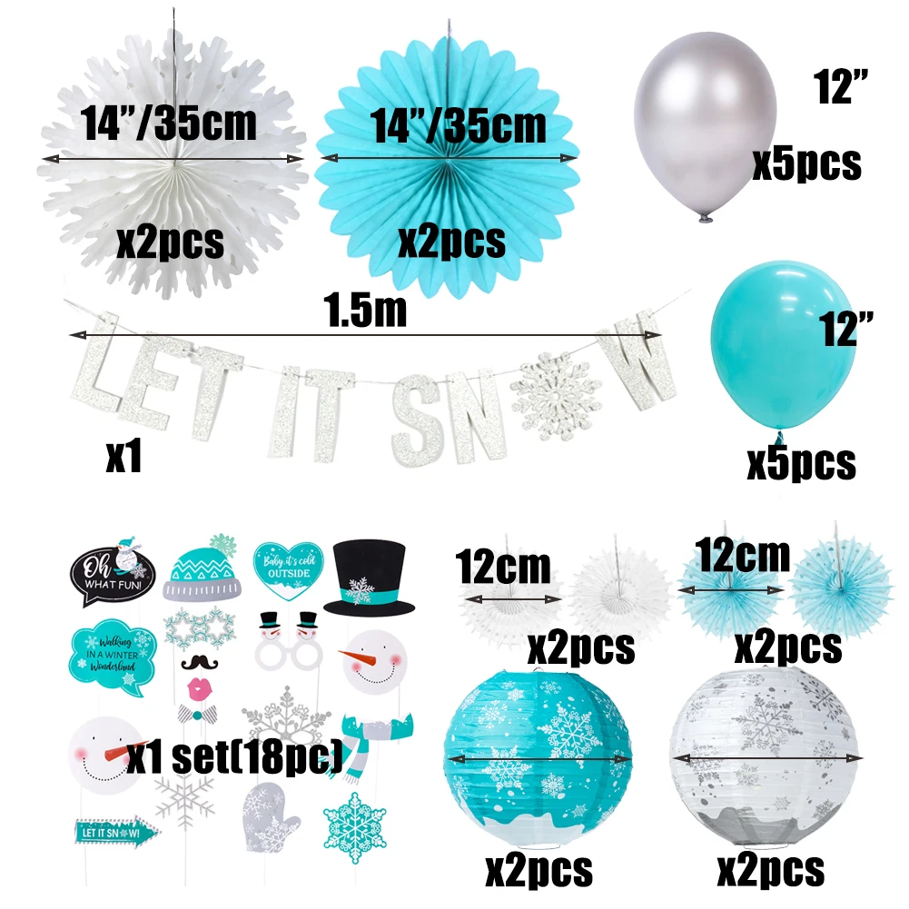 Let it Snow Party Decorations Lanterns Balloons Photo props Banner Winter Wonderland Snowflake Christmas Decor
