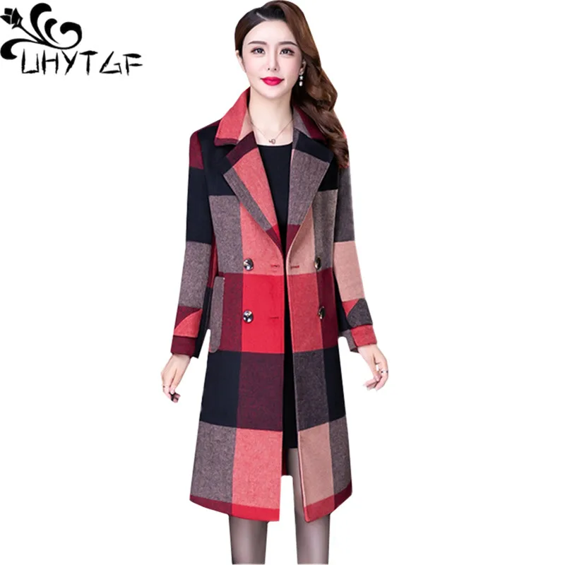 

UHYTGF Elegant Woolen Jacket Women Quality Cashmere Autumn Winter Coat Female Plaid Double-Breasted 5XL Big Size Outwear 1110