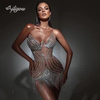 ailigou 2021 new womens fashion tube top v neck diamond tassel mini dress sexy celebrity designer party club bodycon dress