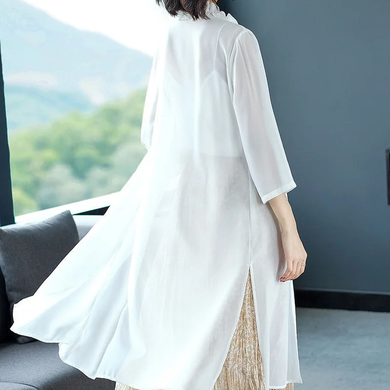 

Women Jacket 2021 Summer Fashion Solid Color Chiffon Blouse Female Loose Casual Thin Cardigan Tops Long Sunscreen Clothing Y953