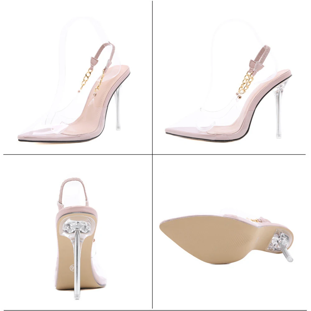 

WETKISS Women Stiletto High Heels Sandals Sexy Transparant Pvc Metal Chain Pointed Toe Party Shoes Sweet Spring Shoes 2021
