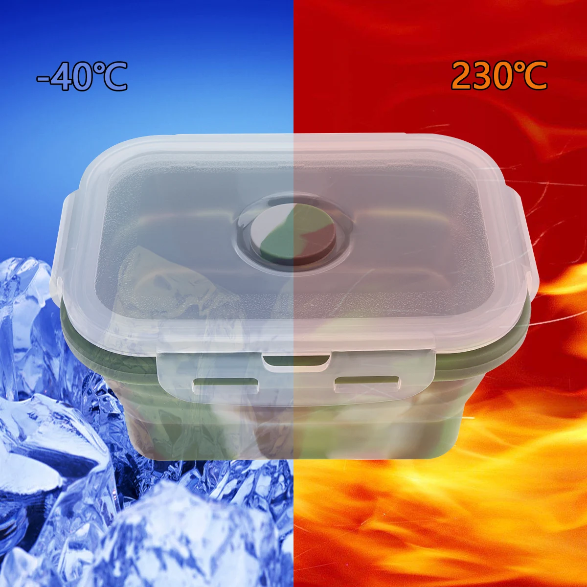 

350ML Camouflage Color Portable Rectangle Silicone Scalable Folding Lunchbox Bento Box with Silicone Plug for 40~230 Centigrade