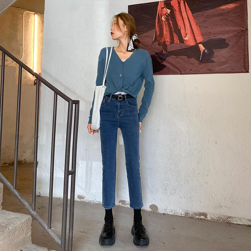 

Женские прямые джинсы с высокой талией, облегающие укороченные штаны, новинка 2021