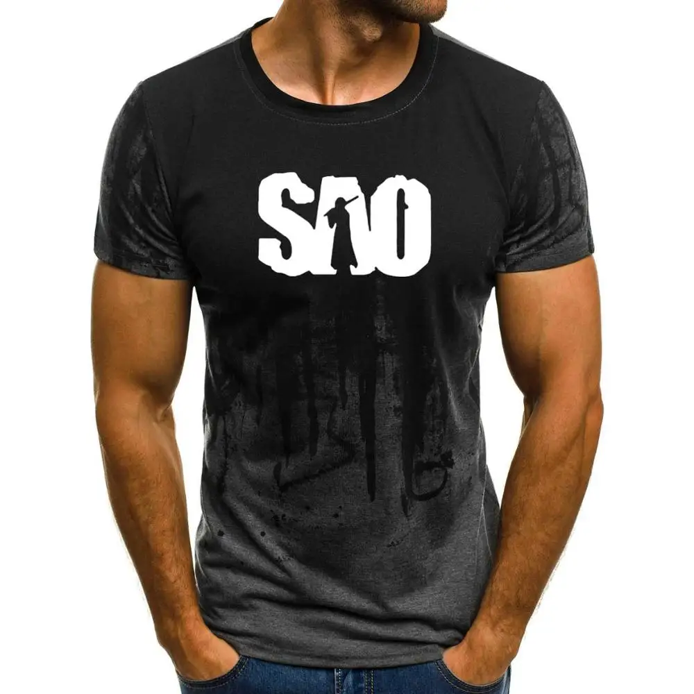 

Anime Sword Art Online T-Shirt Mens Short Sleeve O-Neck SAO Print Gradient T shirt Streetwear Harajuku HipHop Fashion Cotton Tee