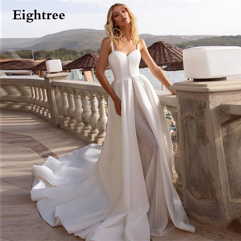 

Thinyfull Elegant 2 pcs A Line Wedding Dresses Satin Beach Sleeveless Bodice Princess Boho Mariage Gowns Shiny Vestidos Novia
