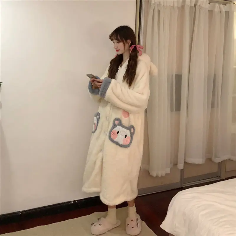 Autumn and Winter Thick and Warm Cute Mid-length Plush Nightgown Female Korean Sweet Bear Home Service Suit Outer Wear
