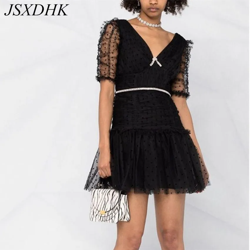 

JSXDHK New Runway Fashion Mesh Self-Portrait Dresses Summer Women Deep V Neck Black Polka Dot Ruffles Diamonds Dress With Belt