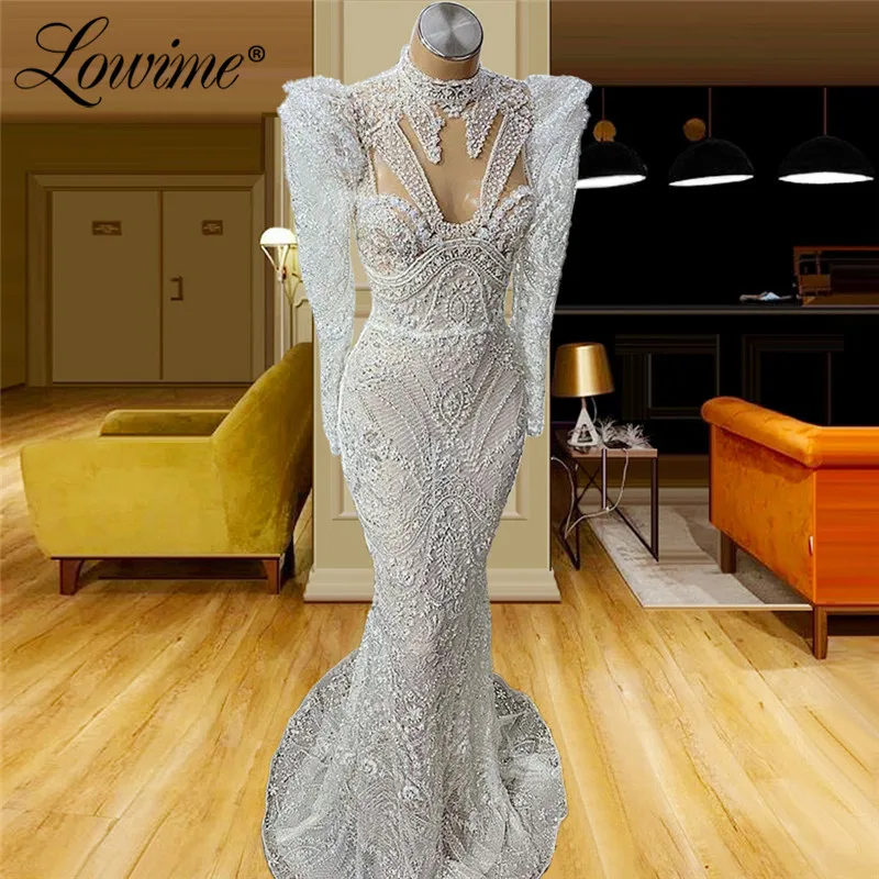 Lowime Dubai Lace Beaded Long Kaftans Evening Dresses 2021 Plus Size Customized Celebrity Dress Prom Gowns Arabic Party Dress