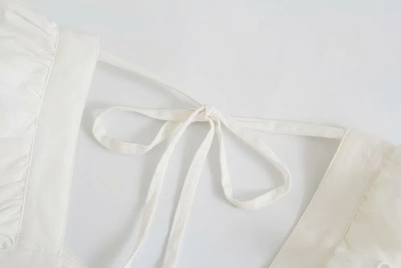 

Splend Moda 2021 Summer New Vintage Square Collar Ruffle Lace-Up Short-Sleeve White Shirt Crop Top Women Solid Color Buttons
