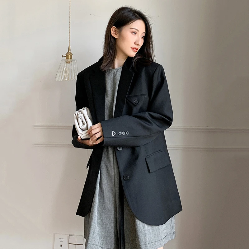 

[EAM] Women Black Brief Big Size Blazer New Lapel Long Sleeve Loose Fit Jacket Fashion Tide Spring Autumn 2021 1DB3110