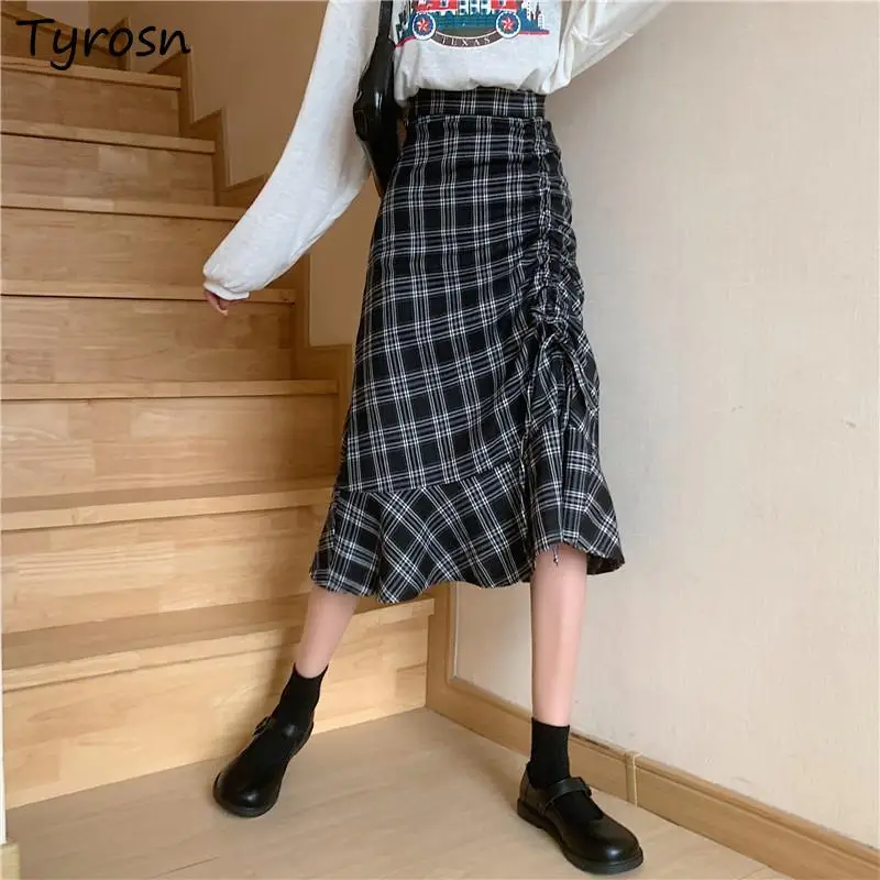 

Plaid Skirts Women Design Ruffles Shirring Belt A-line Empire Midi Skirt Retro All-match Korean Fashion High Street Mujer Faldas