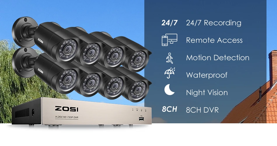 ZOSI 8CH CCTV система HD-TVI DVR комплект 8 шт 720 p/1080 p Домашняя безопасность Водонепроницаемая наружная камера ночного видения комплект видеонаблюдения