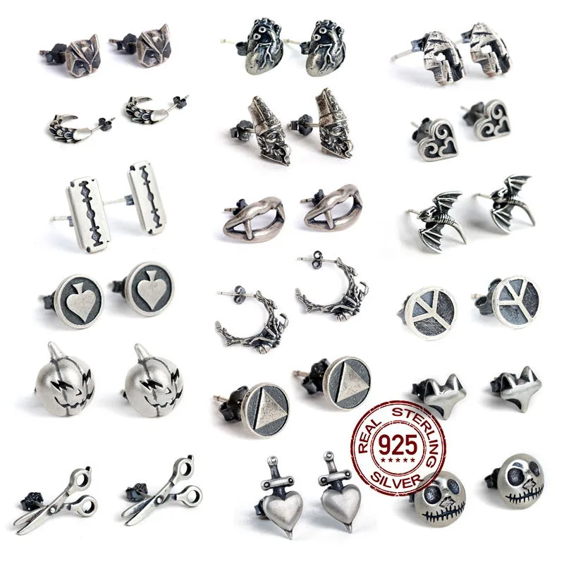 HelloLook Gothic 925 Sterling Silver Ear Studs Vintage Ear Piercing Pin Jewelry for Men Women DIY Punk Stud Earrings Wholesale