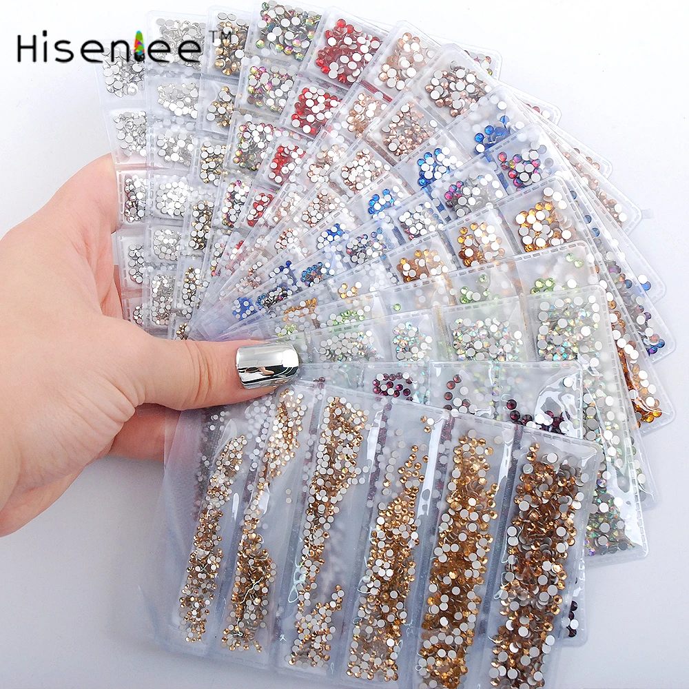 

Hisenlee Top Quality 31 Colors SS3-SS10 Small Sizes Nails Art Crystal Glass Rhinestones For Nails 3D Nail Art Decoration Gems