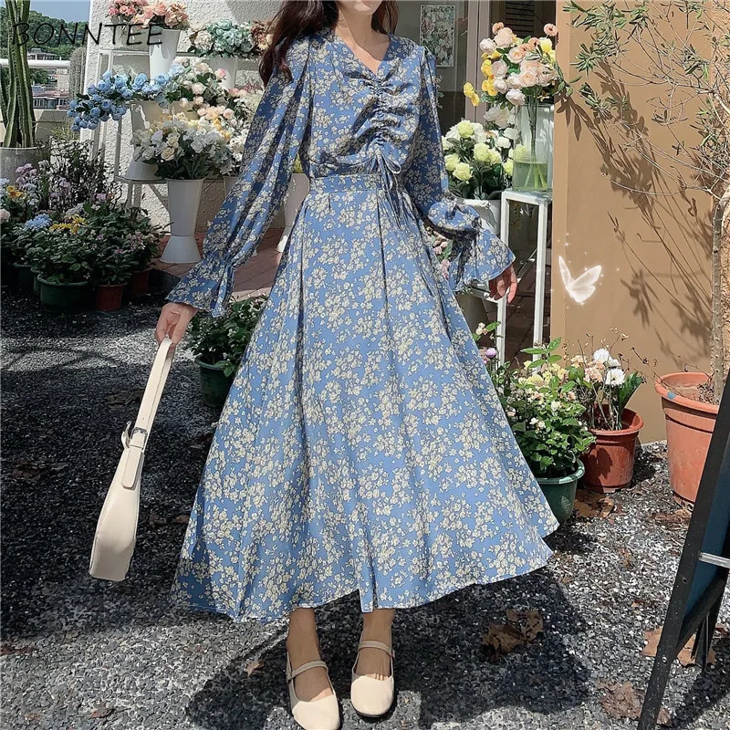 

Women Long Flare Sleeve Dress Chiffon Lace Up Drawstring Loose Autumn Elegant Floral Medium-Long Stretchy Waist Dresses Stylish