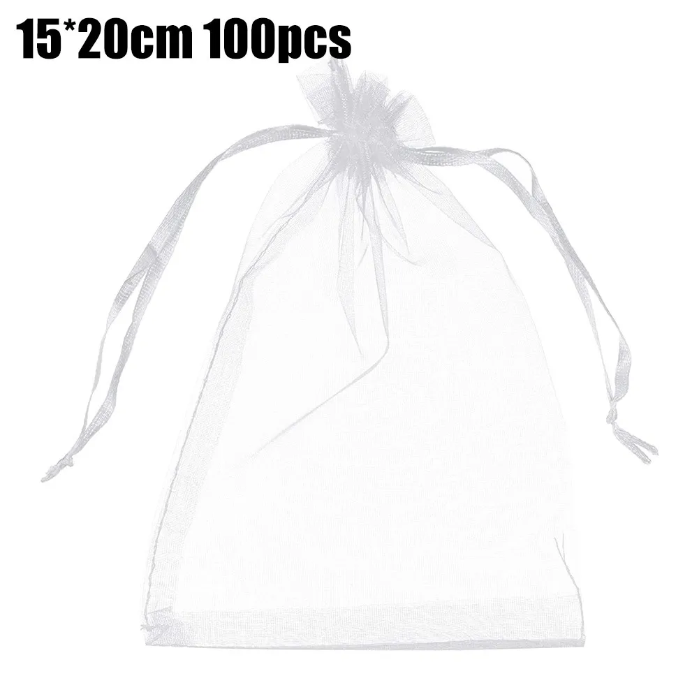 

100Pcs White Organza Gift Bags Wedding Party Favour Jewellery Candy Pouches Drawable Gift Bag Packaging Bags Wholesale