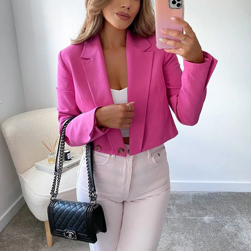

Spring Autumn Short Women Blazer Jacket 2021 Vintage Long Sleeve Turn Down Collar Coat Female Outerwear Causal Chic Tops