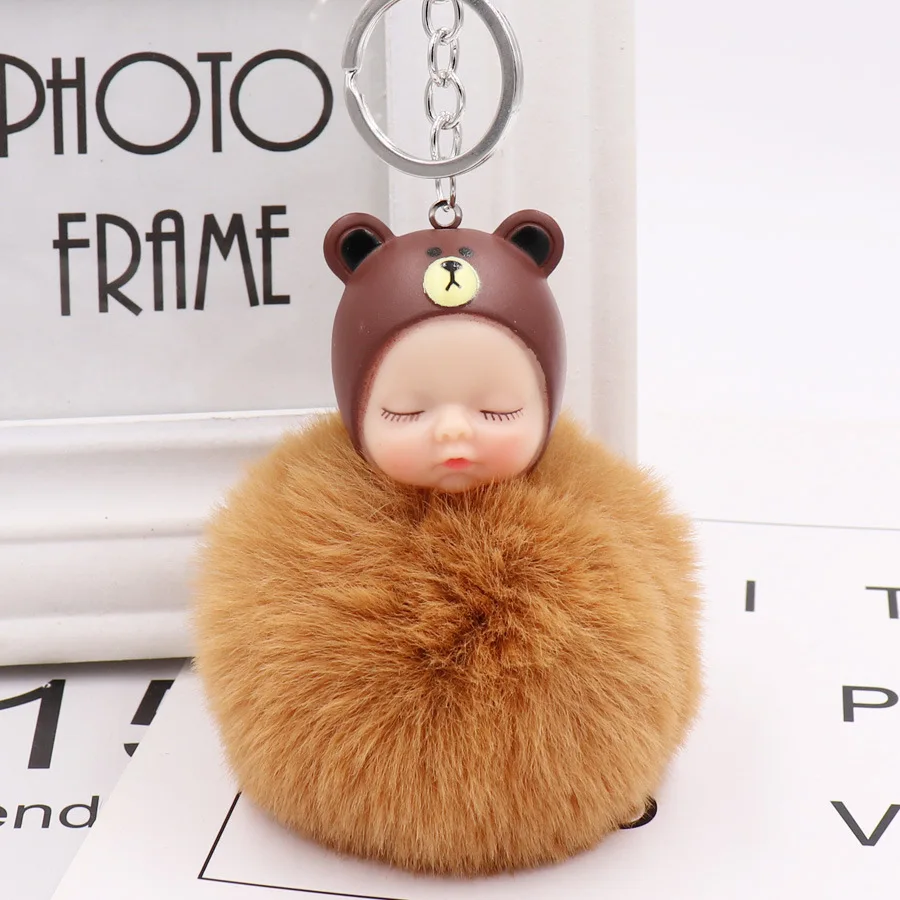 Cartoon Cute Rabbit ears Baby Doll Keychain Flower Pompom Fur Ball Key Chain Fluffy Car Keyring porte clef Bag Ring | Украшения и