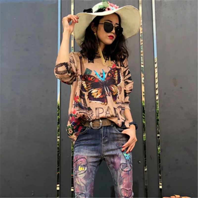 Long-Sleeved T-Shirt Female 2019 Spring Fashion New Round Neck Hip-Hop Printing Loose Wool Sweater Top H00412 | Женская одежда