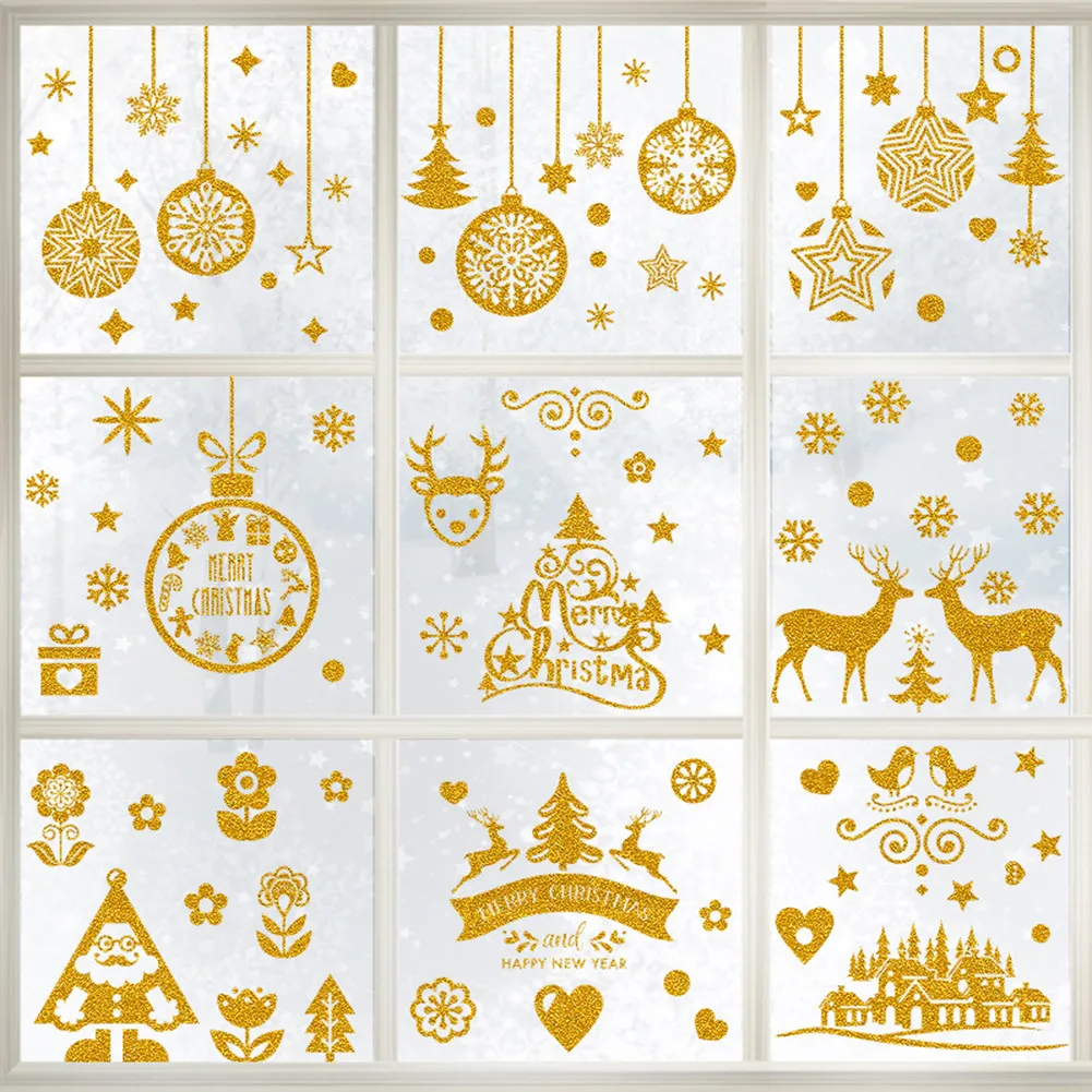 

Gold Christmas Stickers Window Stickers Christmas Decorations DIY Snowflake Wall Decals PVC Santa Claus Elk Home Wall Sticker