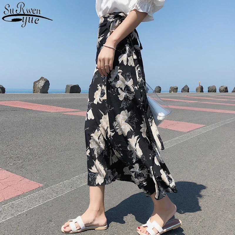 

Summer Chiffon Skirt Printed Flower Solid A-type Lace-up Wrap Skirt High Waist Split Tall Woman Beach Skirts Jupe Femme 10011
