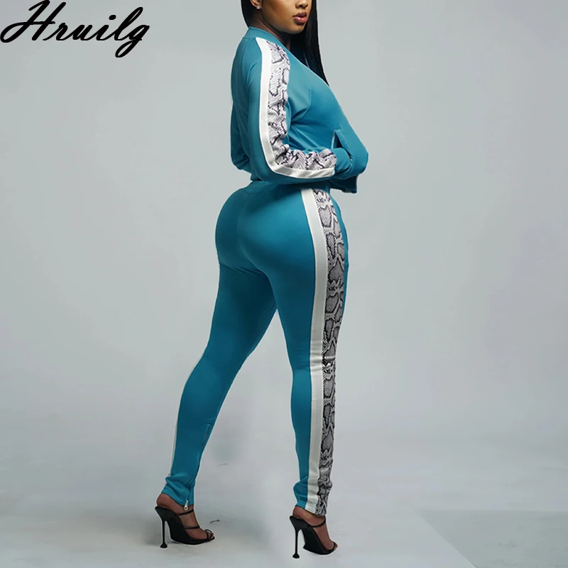 

Two Piece Set Top and Pants Solid Snake Print Patchwork Casual Knitted Women Sets Fashion Zipper Pockets Sport Matching Sets