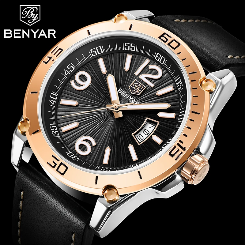 Benyar Design 2021 New Fashion Brand Men Quartz Watch High Quality Leather Multi-function Waterproof Calendar Watch Reloj Hombre