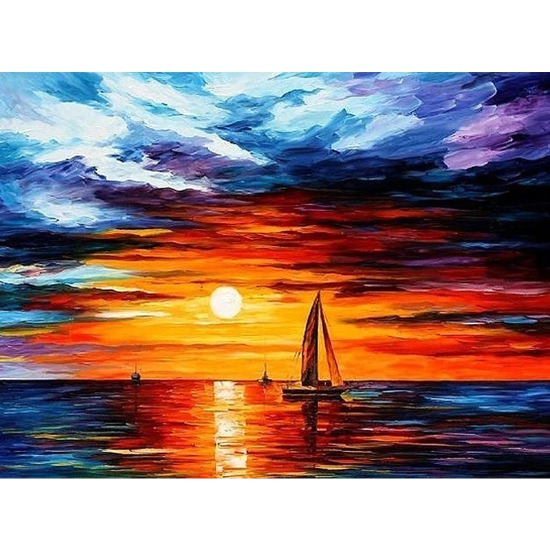 

Amishop Top Quality Colorful Classical Counted Cross Stitch Kit Sailing Ship On The Ocean Sunset Sunrise Oil Painting