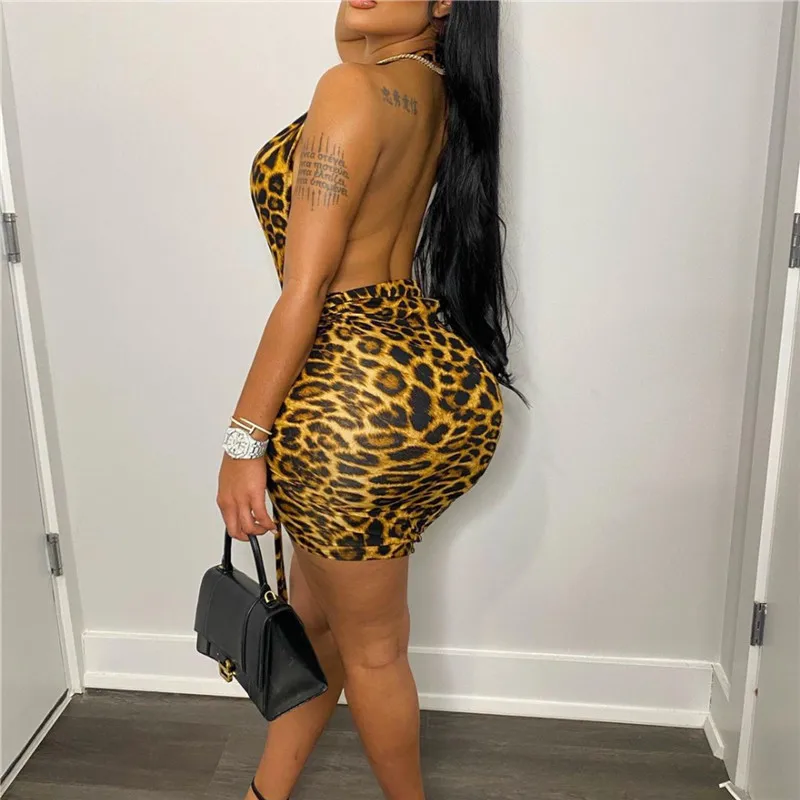 

Thorn Tree Deep V-neck Leopard Print Sexy Clubwear Dress 2021 Women Halter Off Shoulder Backless High Waist Side Lace-up Dresses