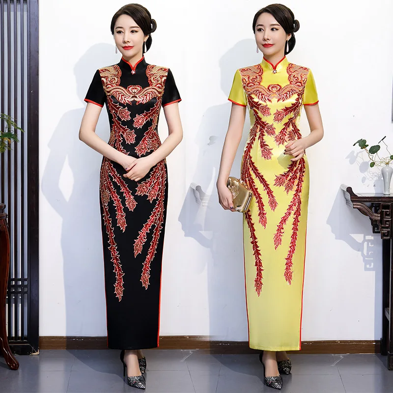 

Gorgeous New Sequined Women Qipao Long Fork Sexy Mandarin Collar Elegant Chinese Traditional Cheongsam Plus Size 5XL