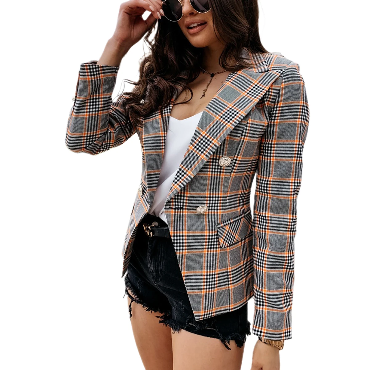 

Women Ladies Autumn Winter Long-sleeved Plaid Suit Blazer Coat Long Sleeve Tailored Collar Suit Casual Side Pocket Jacket NEW