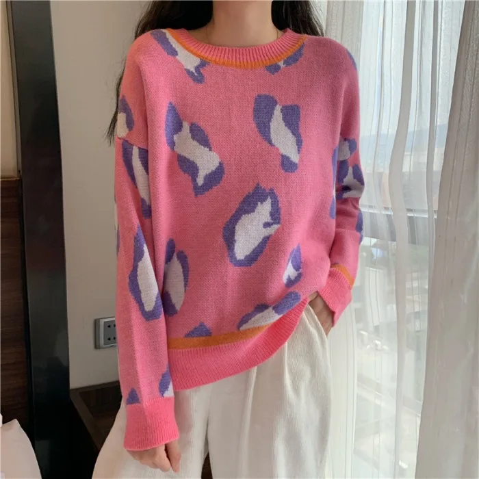 Трикотажная леопардовая свободная зимняя одежда женские пуловеры модный бренд