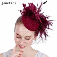 janevini elegant wedding burgundy flower hat feather fascinators face veils bridal fashion dinner party accessories bonnet voile