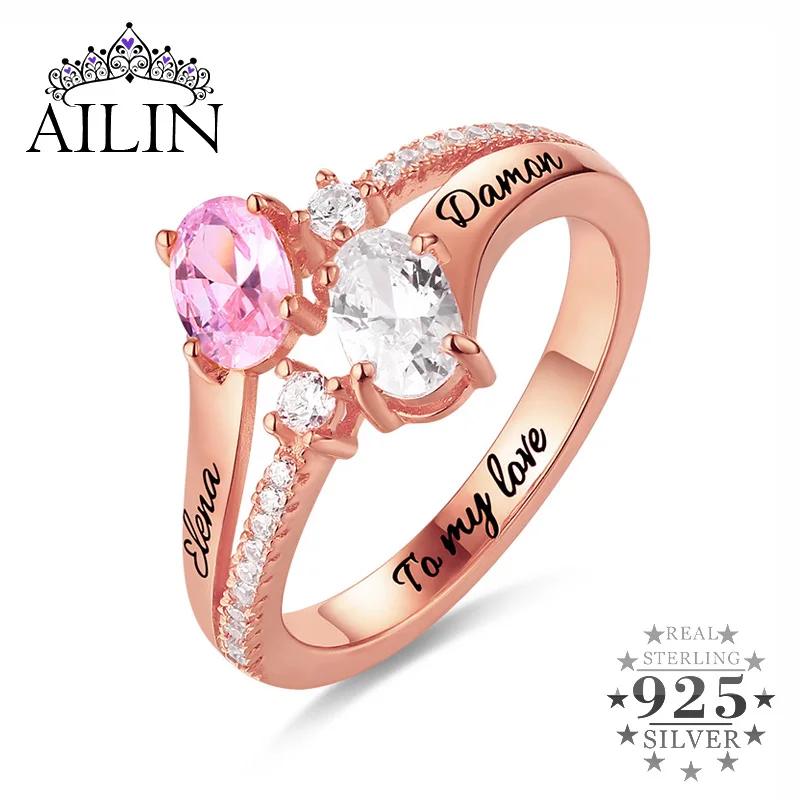 

AILIN Engraved 925 Sterling Silver Double Oval Birthstones Ring In Rose Gold Color For Valentine's Day Jewelry Christmas
