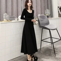 hepburn style small black dress elegant women womens new autumn 2021 long knee over waist french minority retro black dress