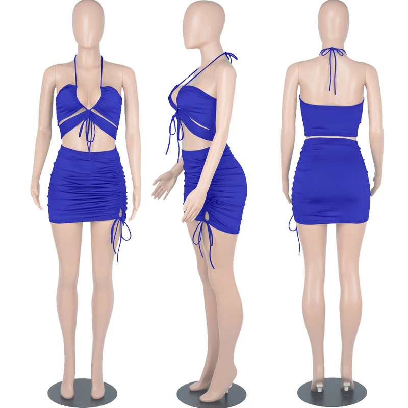 

ZOOEFFBB Sexy Drawstring Two Piece Set Off Shoulder Hlater Crop Top Mini Skirts Sets Rave Club Outfits for Women Summer Clothes