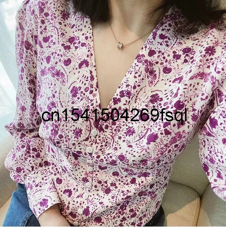 

New Runway Fashion 100% Silk Shirt Women 2021 New Summer V-Neck Long Sleeve Flowers Print Short Blouse Sweet Tops