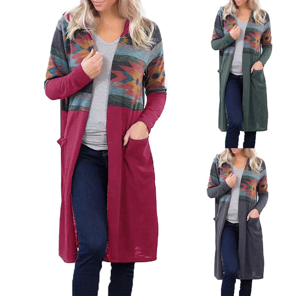 Весна Осень 2020 новый стиль Женское пальто длинный вязаный кардиган с принтом