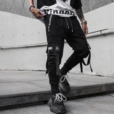 

2020 New Hip-Hop Jogger Men's Black Harem Overalls Multi-Pocket Ribbon Men's Sports Pants Streetwear Casual Men's Casual Pants