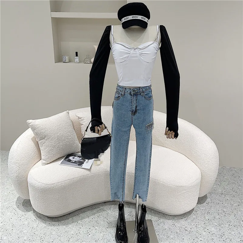 

Women's Spring Summer 2021 Fashion Hepburn style Rhinestone bra sling long sleeve breast pad exposed clavicle versatile top