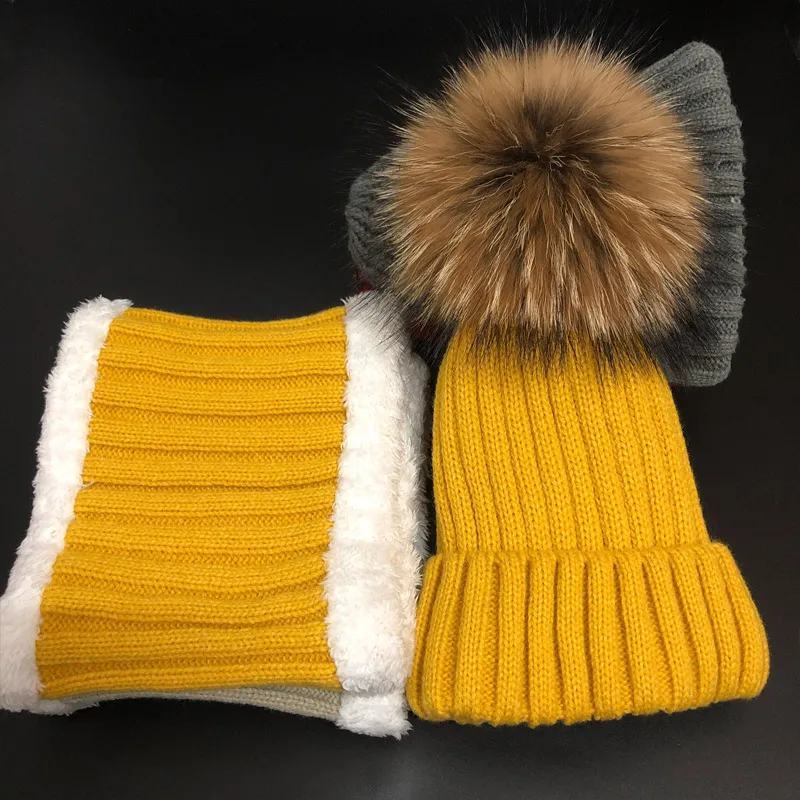 yellow (hat scarf) Г. Комплект зимней шапки для мальчиков и девочек, теплый флисовый комплект шапок, зимняя шапка для детей, Меховые помпоны Skullies Beanies - Цвет: yellow (hat scarf)