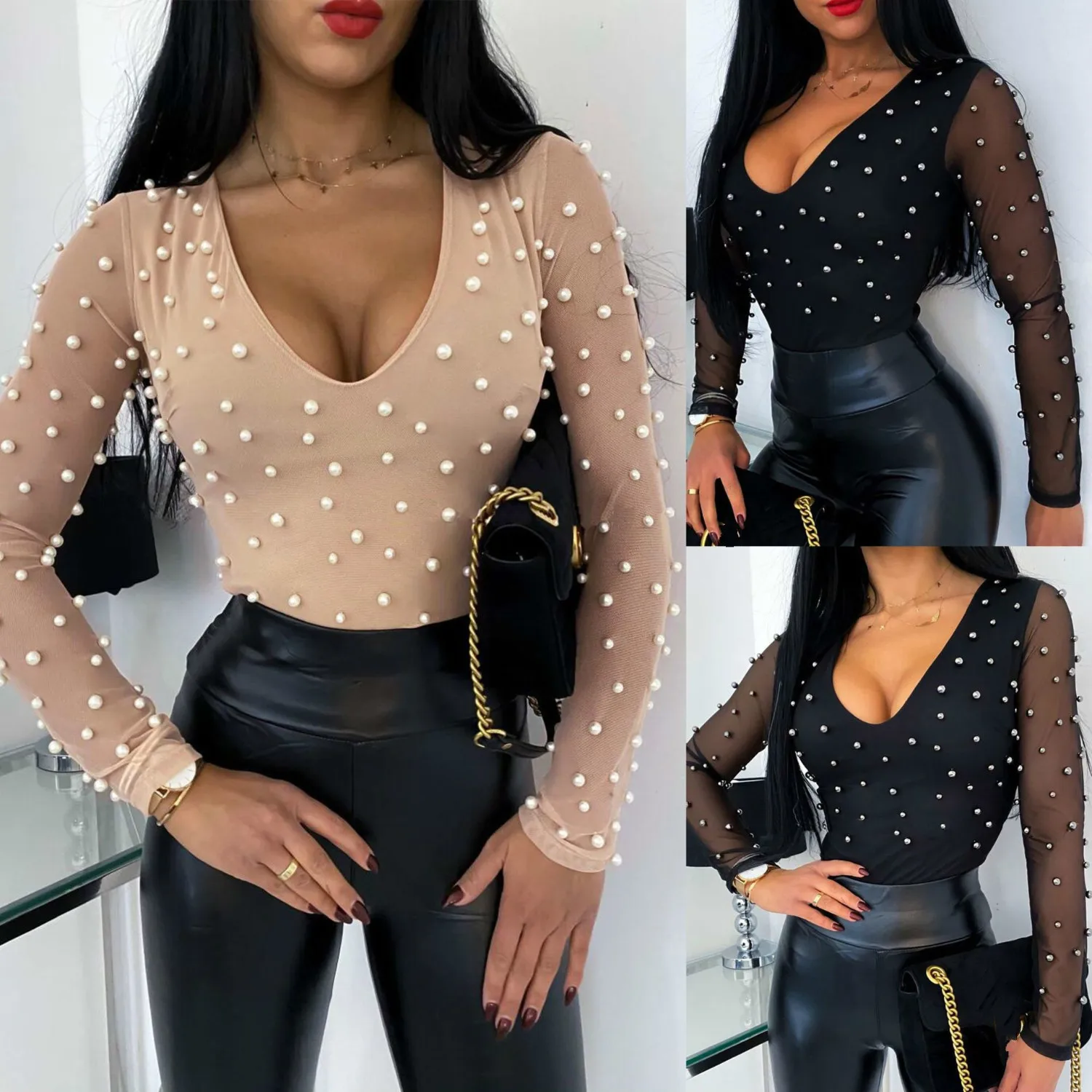 

LIBERJOG Spring Women Mesh Shirts Pearl V Neck Long Sleeve Blouse Tops Black Sexy Slim Outfit Patchwork Shirt Summer