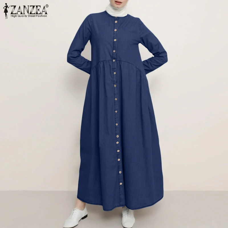 Autumn Denim Blue Maxi Long Sundress ZANZEA Fashion Women Muslim Hijab Dress Vintage Sleeve Dubai Abaya Turkey Dresses | Женская одежда