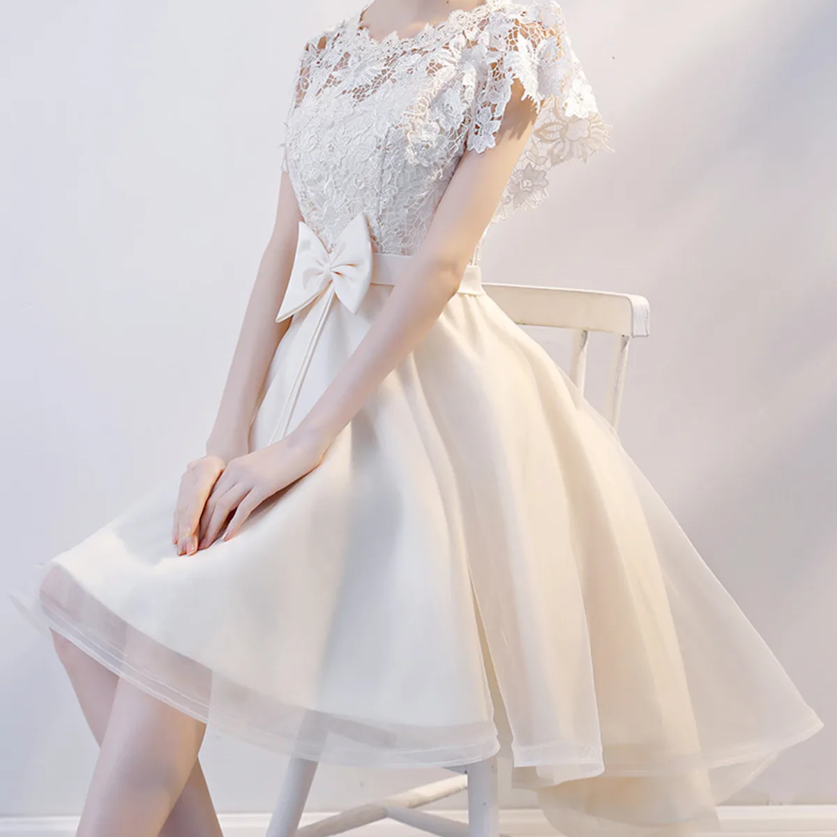 

Red Black Front Short Back Long Cocktail Dress Lace Short Sleeves Champagne White Bridal Gowns Prom Dresses Vestido De Noiva